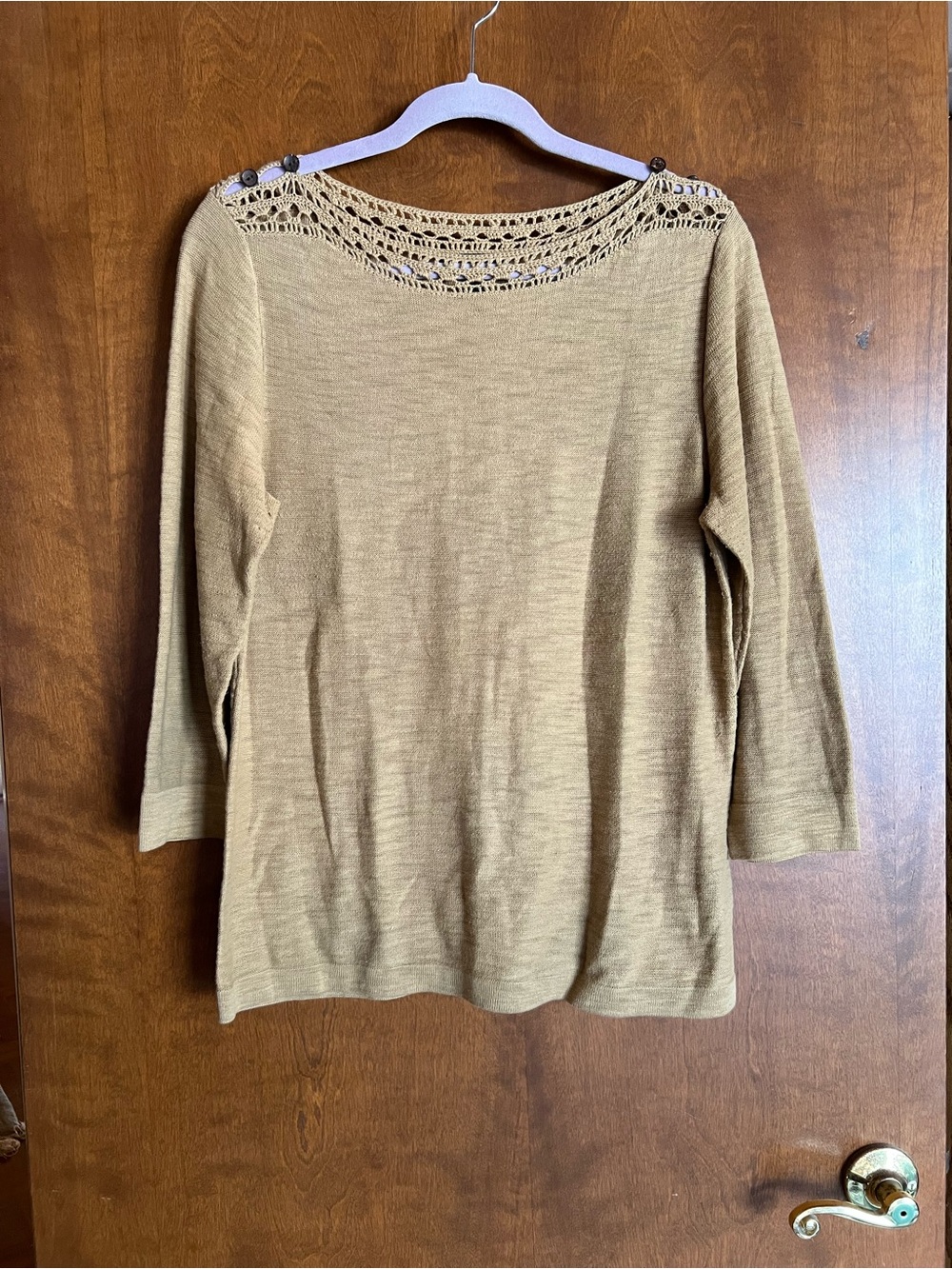 Lauren Ralph Lauren Crochet Yoke Cotton Top in Dark Beige